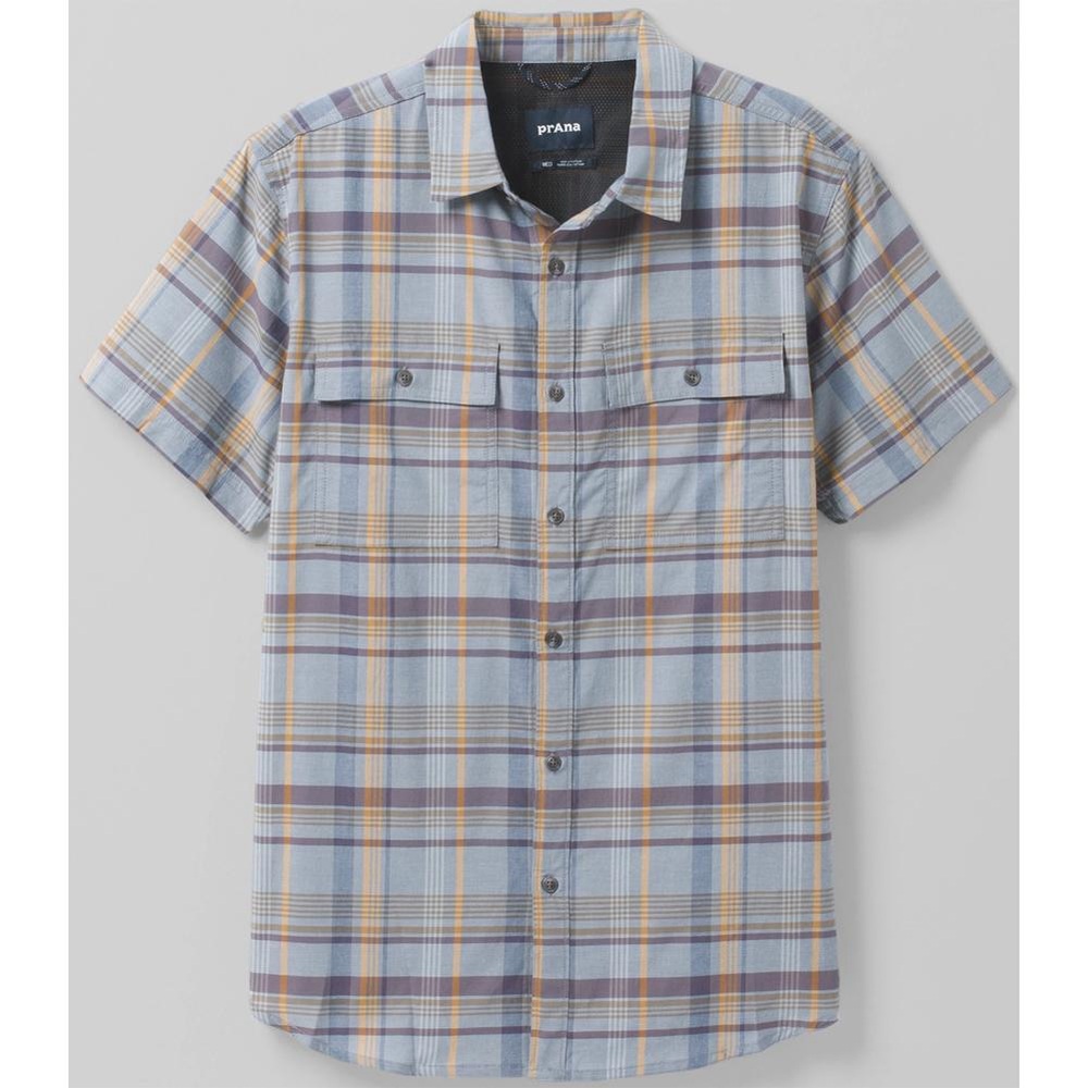 Prana Kirkwood Blue Tan Plaid Shirt Short Sleeve Vented Shirt - Size Medium